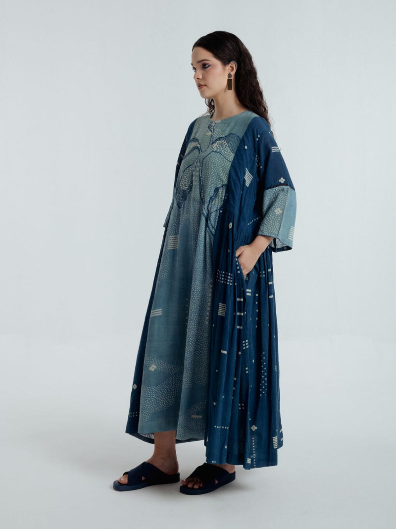 Indigo Pleated Dress chanderi by Rias for women Worldwide