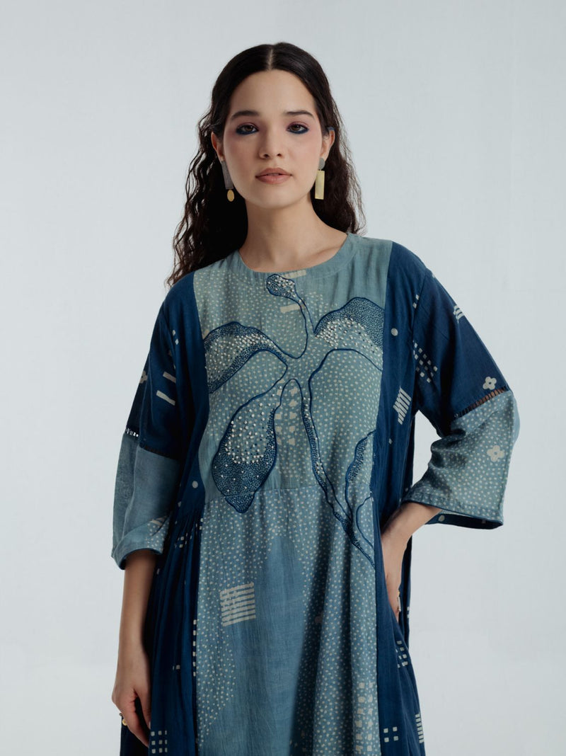 Indigo Pleated Dress chanderi by Rias for women Worldwide