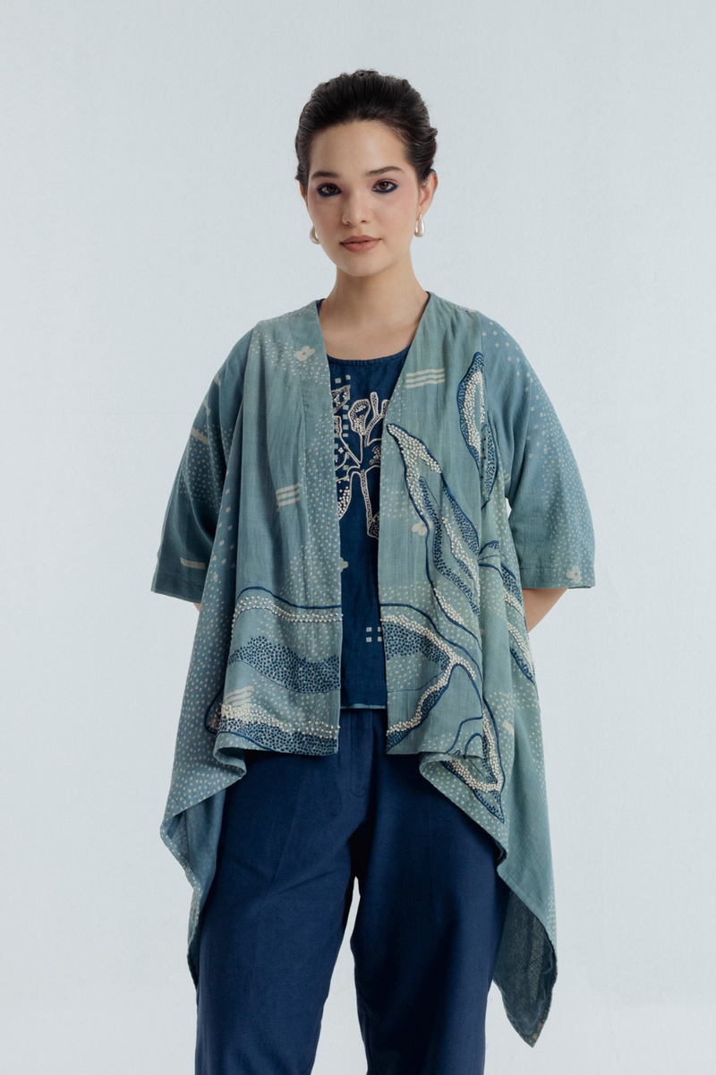 Indigo Sky Overlay chanderi by Rias for women Worldwide