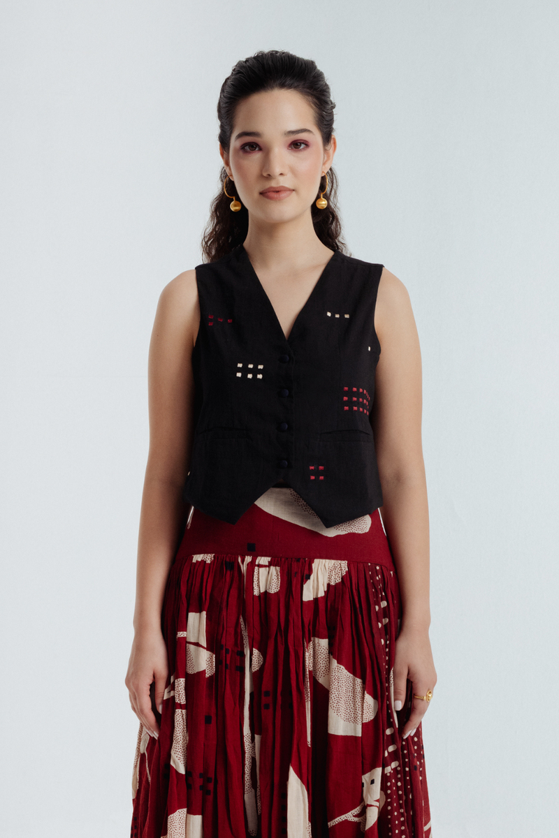 Fayra Waistcoat chanderi by Rias in black color for women Worldwide