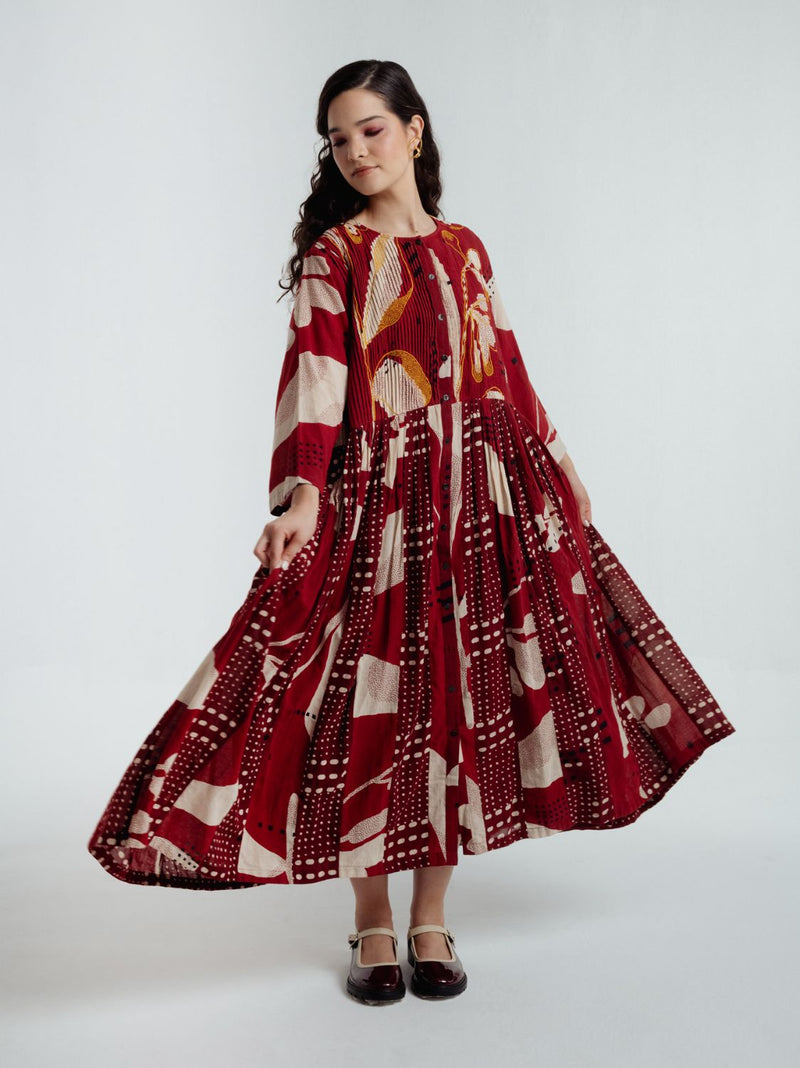 Madder Jacket Dress chanderi by Rias in red color for women Worldwide