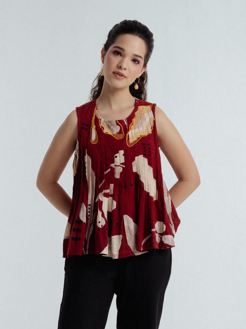 Madder Pleated Top chanderi by Rias in red color for women Worldwide