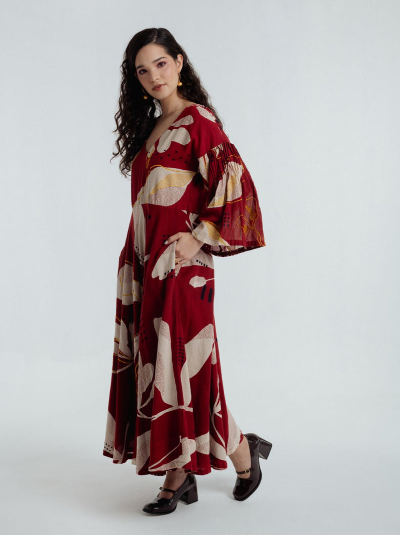 Madder Bell Dress chanderi by Rias in red color for women Worldwide