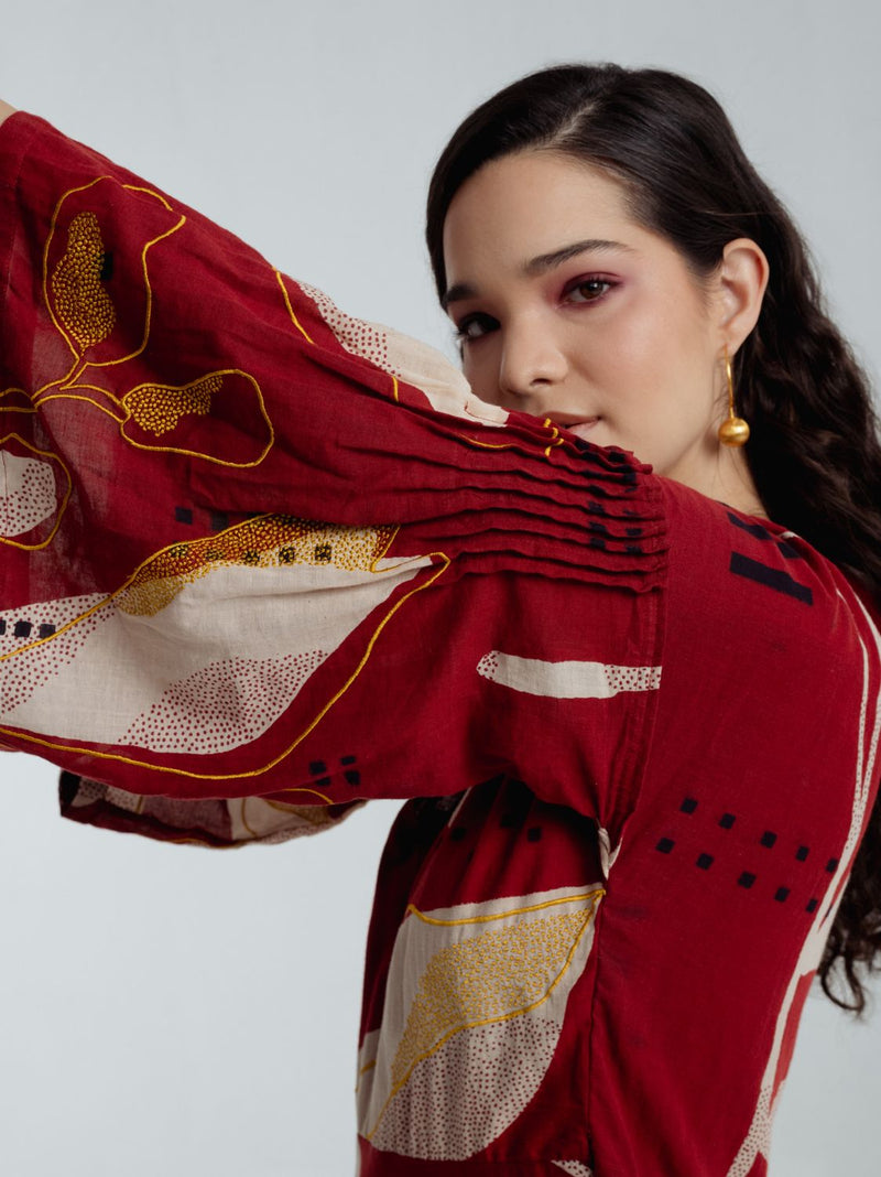 Madder Bell Dress chanderi by Rias in red color for women Worldwide