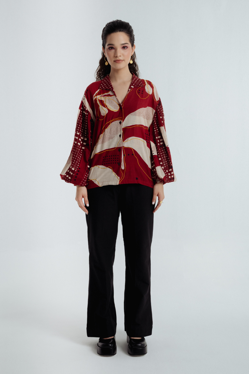 Madder Bell Shirt chanderi by Rias in red color for women Worldwide