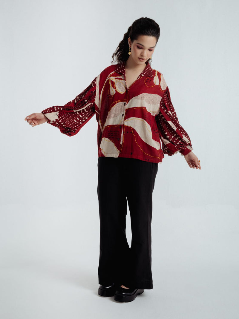 Madder Bell Shirt chanderi by Rias in red color for women Worldwide
