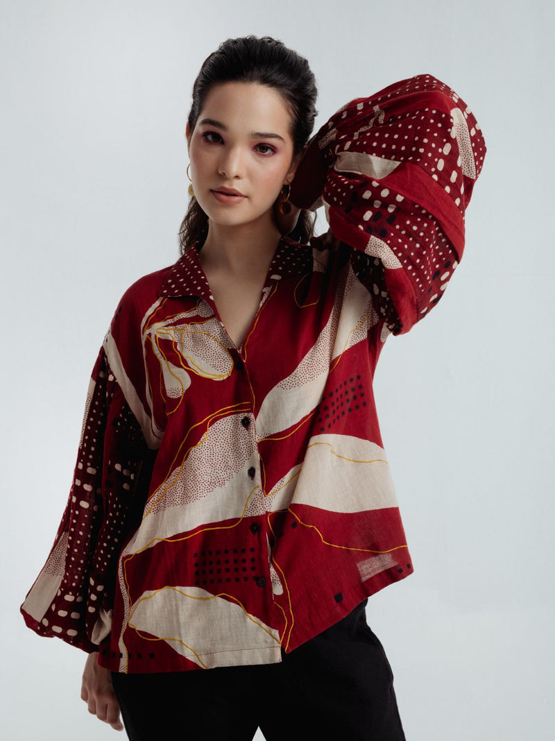 Madder Bell Shirt chanderi by Rias in red color for women Worldwide