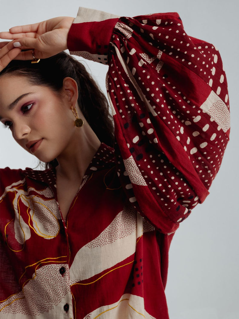 Madder Bell Shirt chanderi by Rias in red color for women Worldwide