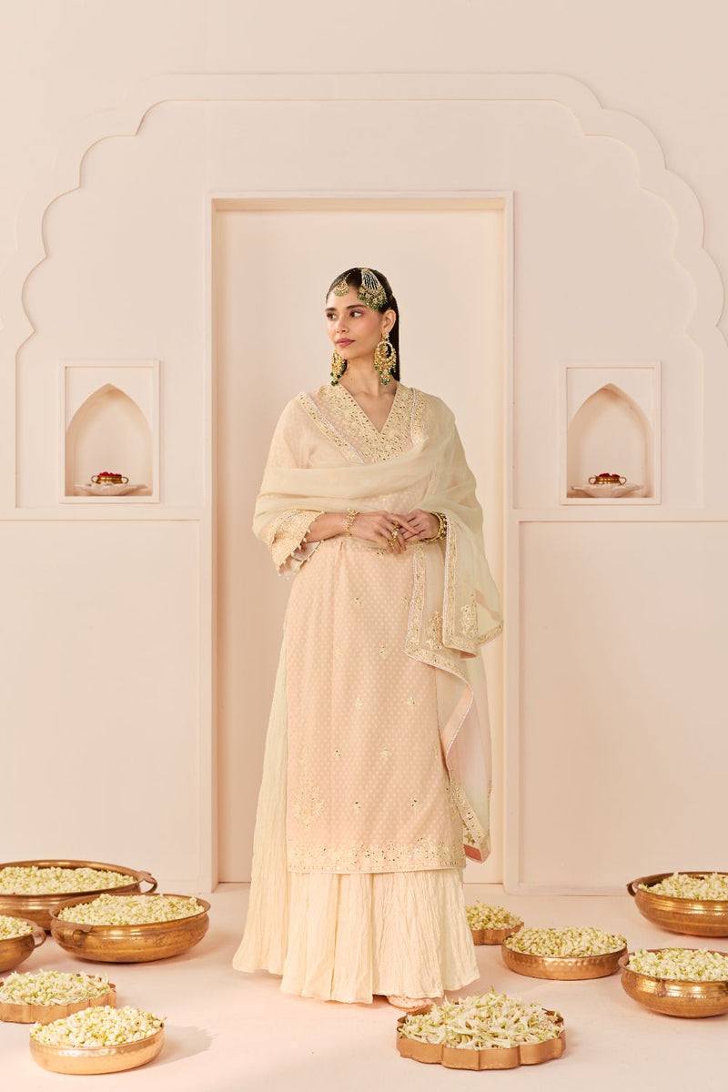 RUHANI - CARNATION PINK LONG KURTA WITH SKIRT AND DUPATTA chanderi silk kurta/kurta set by SHEETAL BATRA in carnation pink with daisy ivory for women Worldwide