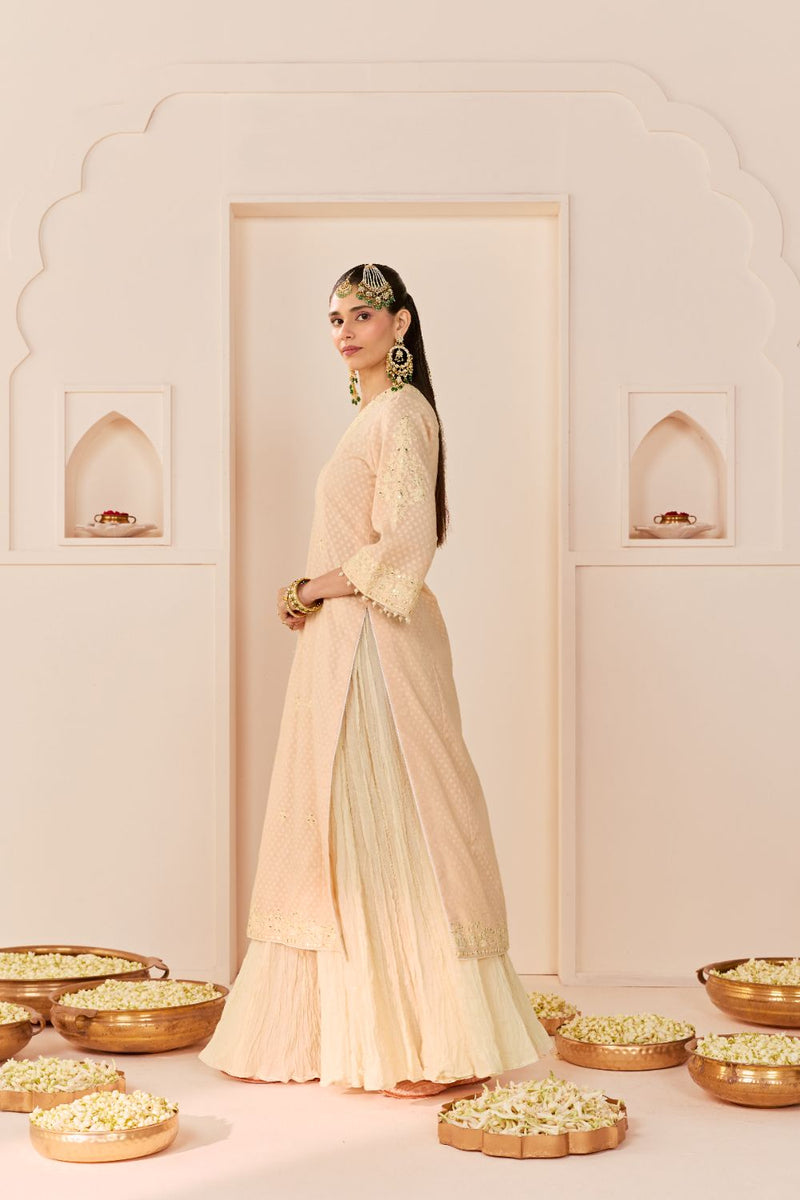 RUHANI - CARNATION PINK LONG KURTA WITH SKIRT AND DUPATTA chanderi silk kurta/kurta set by SHEETAL BATRA in carnation pink with daisy ivory for women Worldwide