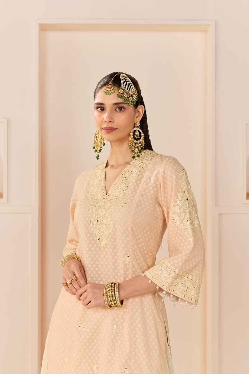RUHANI - CARNATION PINK LONG KURTA WITH SKIRT AND DUPATTA chanderi silk kurta/kurta set by SHEETAL BATRA in carnation pink with daisy ivory for women Worldwide