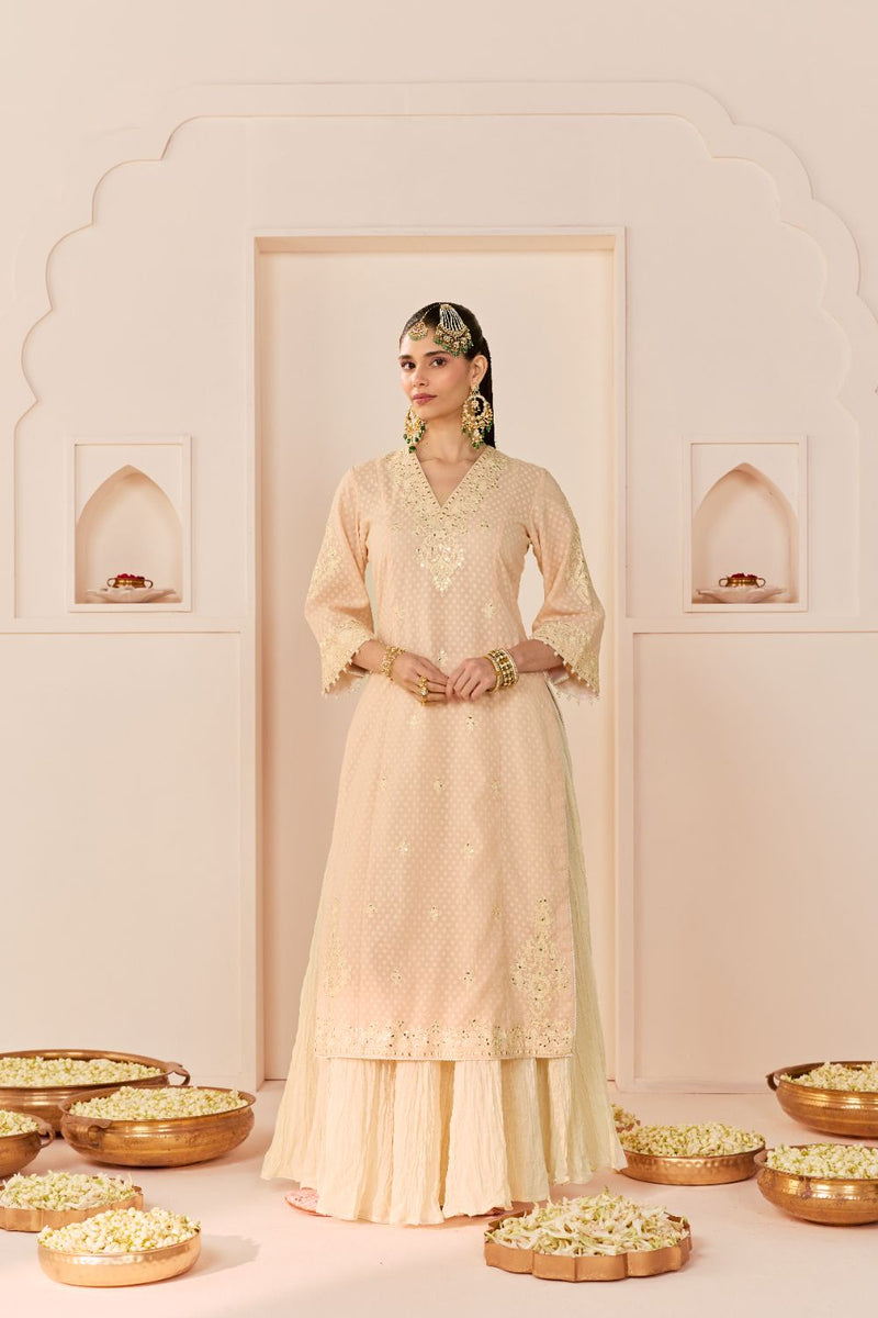 RUHANI - CARNATION PINK LONG KURTA WITH SKIRT AND DUPATTA chanderi silk kurta/kurta set by SHEETAL BATRA in carnation pink with daisy ivory for women Worldwide