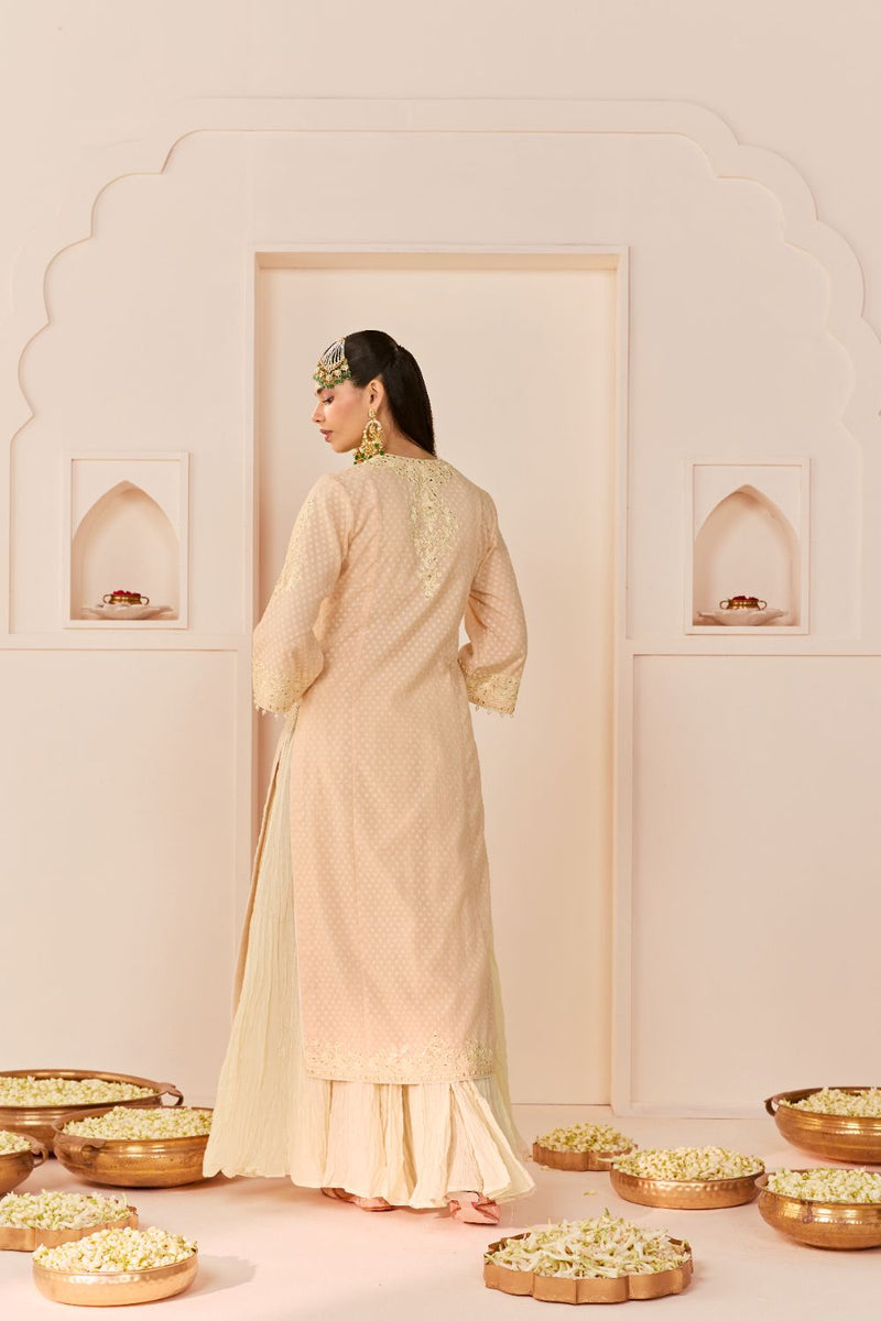 RUHANI - CARNATION PINK LONG KURTA WITH SKIRT AND DUPATTA chanderi silk kurta/kurta set by SHEETAL BATRA in carnation pink with daisy ivory for women Worldwide