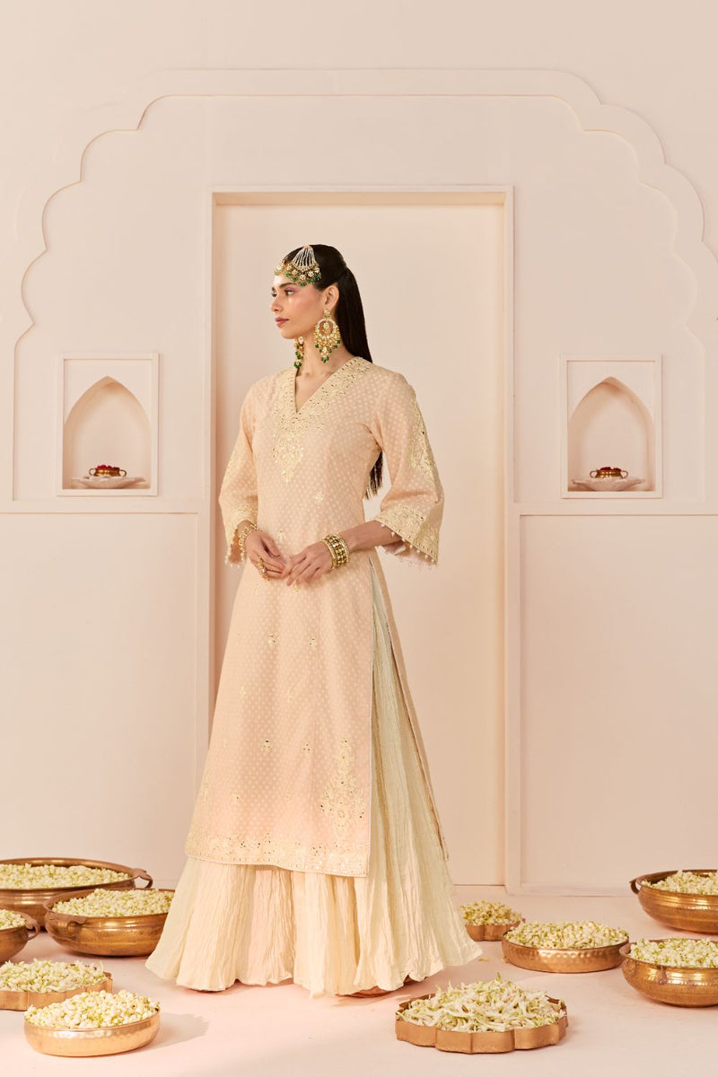 RUHANI - CARNATION PINK LONG KURTA WITH SKIRT AND DUPATTA chanderi silk kurta/kurta set by SHEETAL BATRA in carnation pink with daisy ivory for women Worldwide
