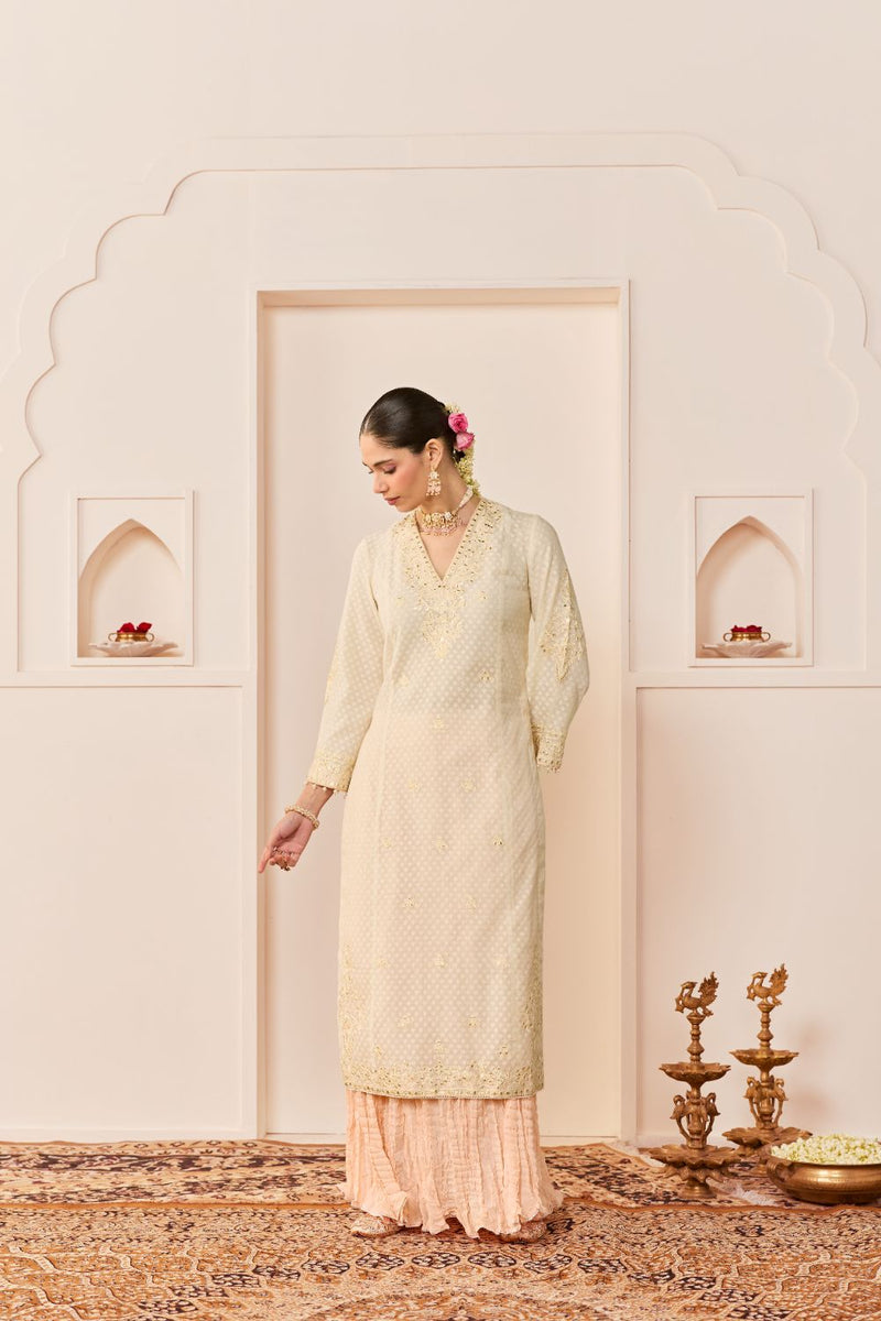RUHANI - DAISY IVORY LONG KURTA WITH SKIRT AND DUPATTA chanderi silk kurta/kurta set by SHEETAL BATRA in daisy ivory with carnation pink for women Worldwide