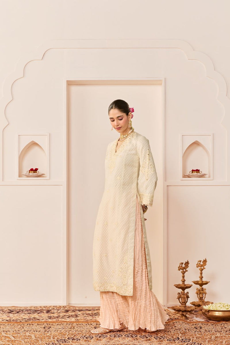 RUHANI - DAISY IVORY LONG KURTA WITH SKIRT AND DUPATTA chanderi silk kurta/kurta set by SHEETAL BATRA in daisy ivory with carnation pink for women Worldwide
