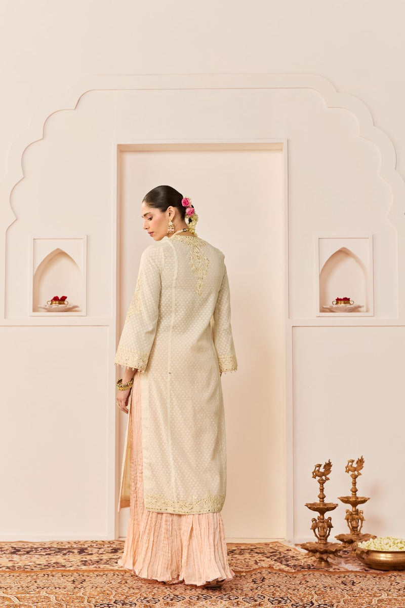 RUHANI - DAISY IVORY LONG KURTA WITH SKIRT AND DUPATTA chanderi silk kurta/kurta set by SHEETAL BATRA in daisy ivory with carnation pink for women Worldwide