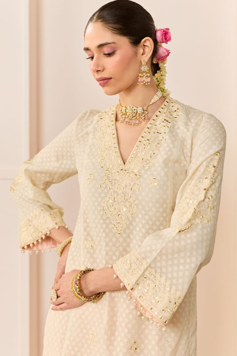 RUHANI - DAISY IVORY LONG KURTA WITH SKIRT AND DUPATTA chanderi silk kurta/kurta set by SHEETAL BATRA in daisy ivory with carnation pink for women Worldwide