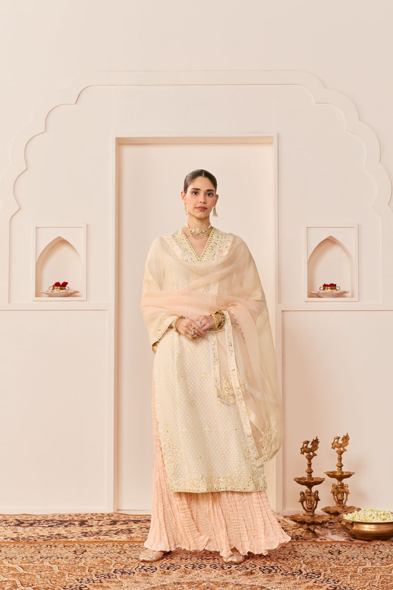 RUHANI - DAISY IVORY LONG KURTA WITH SKIRT AND DUPATTA chanderi silk kurta/kurta set by SHEETAL BATRA in daisy ivory with carnation pink for women Worldwide