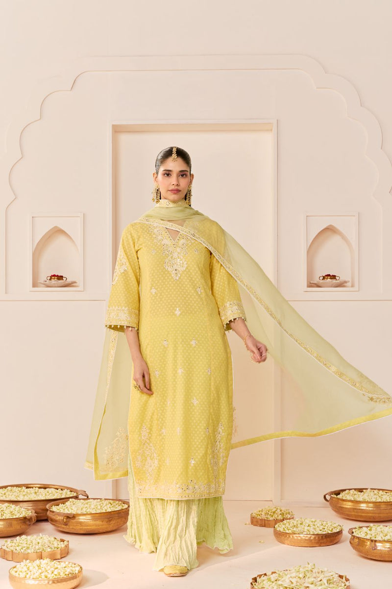 RUHANI - LEMON YELLOW LONG KURTA WITH SKIRT AND DUPATTA chanderi silk kurta/kurta set by SHEETAL BATRA in lemon yellow with mint green for women Worldwide