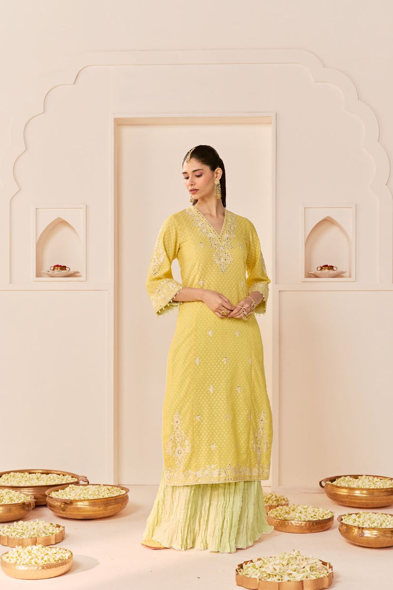 RUHANI - LEMON YELLOW LONG KURTA WITH SKIRT AND DUPATTA chanderi silk kurta/kurta set by SHEETAL BATRA in lemon yellow with mint green for women Worldwide