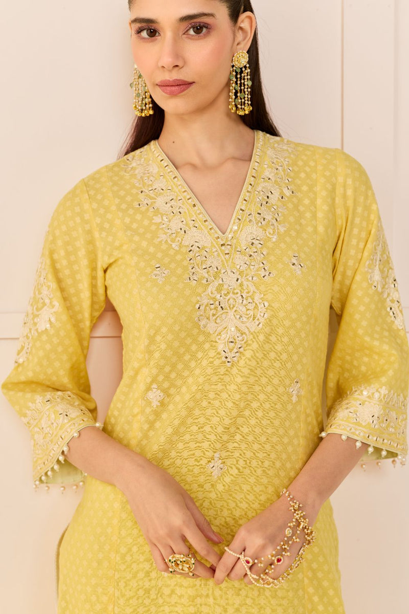 RUHANI - LEMON YELLOW LONG KURTA WITH SKIRT AND DUPATTA chanderi silk kurta/kurta set by SHEETAL BATRA in lemon yellow with mint green for women Worldwide