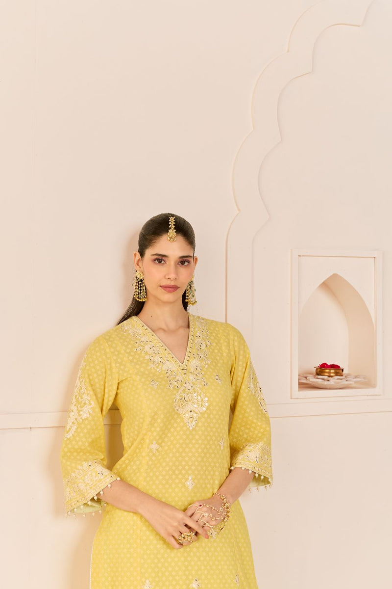RUHANI - LEMON YELLOW LONG KURTA WITH SKIRT AND DUPATTA chanderi silk kurta/kurta set by SHEETAL BATRA in lemon yellow with mint green for women Worldwide