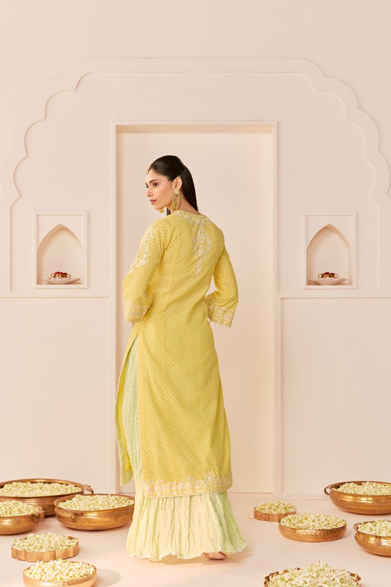RUHANI - LEMON YELLOW LONG KURTA WITH SKIRT AND DUPATTA chanderi silk kurta/kurta set by SHEETAL BATRA in lemon yellow with mint green for women Worldwide