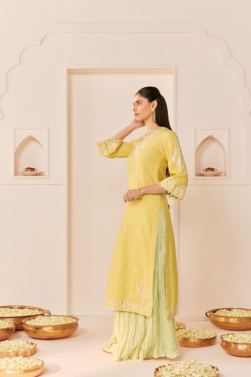 RUHANI - LEMON YELLOW LONG KURTA WITH SKIRT AND DUPATTA chanderi silk kurta/kurta set by SHEETAL BATRA in lemon yellow with mint green for women Worldwide