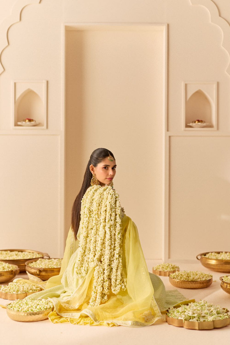 RUHANI - MINT GREEN LONG KURTA WITH SKIRT AND DUPATTA chanderi silk kurta/kurta set by SHEETAL BATRA in mint green with lemon yellow for women Worldwide