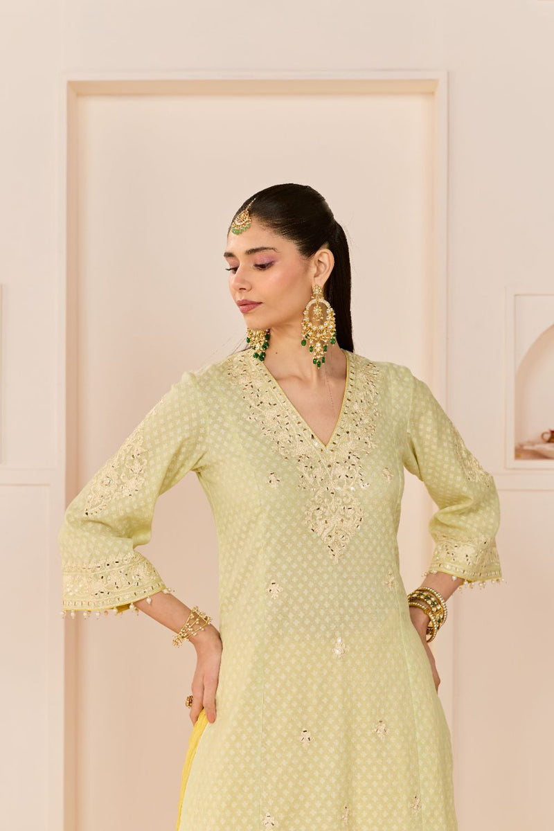 RUHANI - MINT GREEN LONG KURTA WITH SKIRT AND DUPATTA chanderi silk kurta/kurta set by SHEETAL BATRA in mint green with lemon yellow for women Worldwide