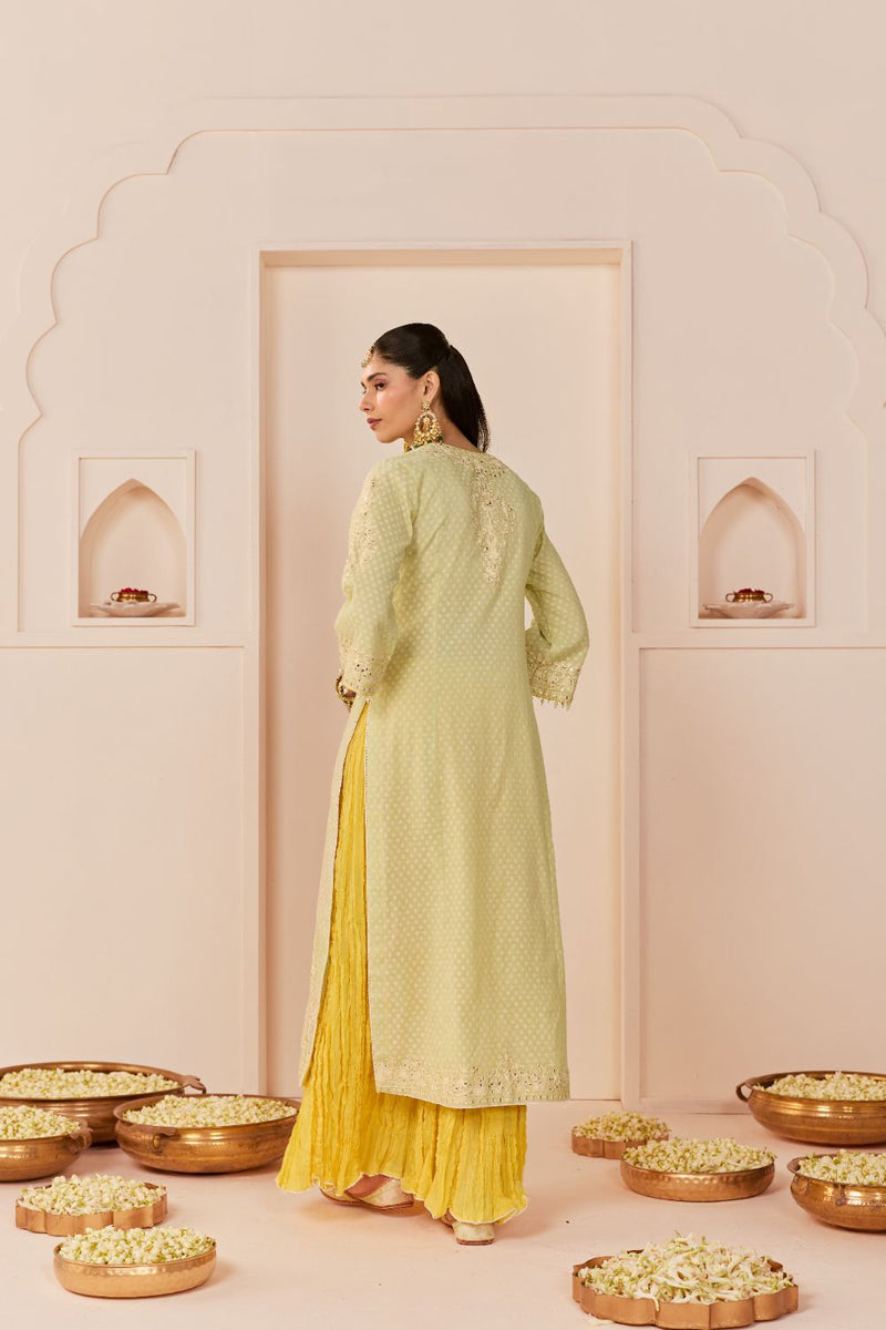 RUHANI - MINT GREEN LONG KURTA WITH SKIRT AND DUPATTA chanderi silk kurta/kurta set by SHEETAL BATRA in mint green with lemon yellow for women Worldwide