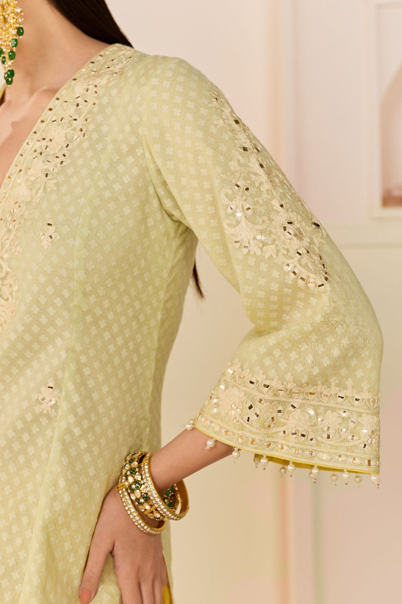 RUHANI - MINT GREEN LONG KURTA WITH SKIRT AND DUPATTA chanderi silk kurta/kurta set by SHEETAL BATRA in mint green with lemon yellow for women Worldwide