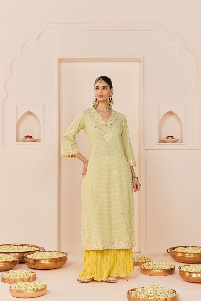 RUHANI - MINT GREEN LONG KURTA WITH SKIRT AND DUPATTA chanderi silk kurta/kurta set by SHEETAL BATRA in mint green with lemon yellow for women Worldwide