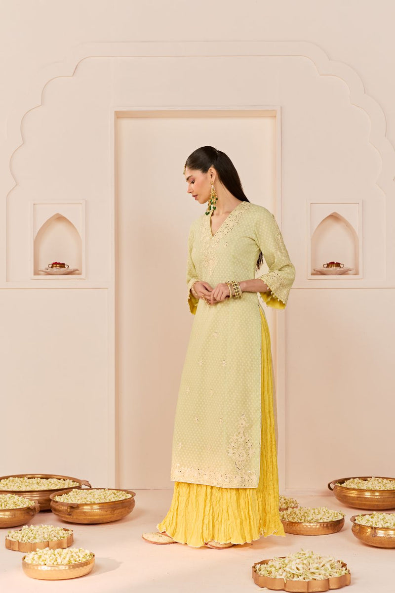 RUHANI - MINT GREEN LONG KURTA WITH SKIRT AND DUPATTA chanderi silk kurta/kurta set by SHEETAL BATRA in mint green with lemon yellow for women Worldwide