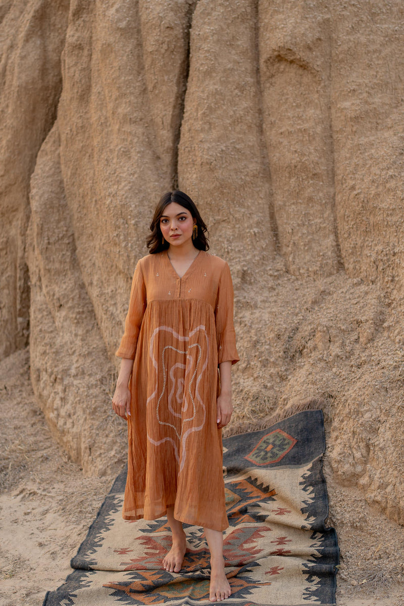 PASTEL ORANGE ARAZI DRESS chanderi by Nirjara in rust color for women Worldwide