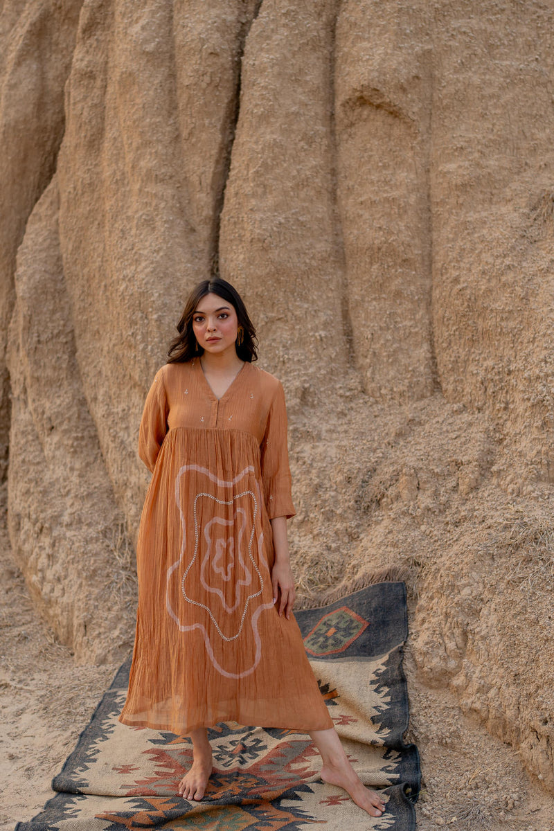 PASTEL ORANGE ARAZI DRESS chanderi by Nirjara in rust color for women Worldwide