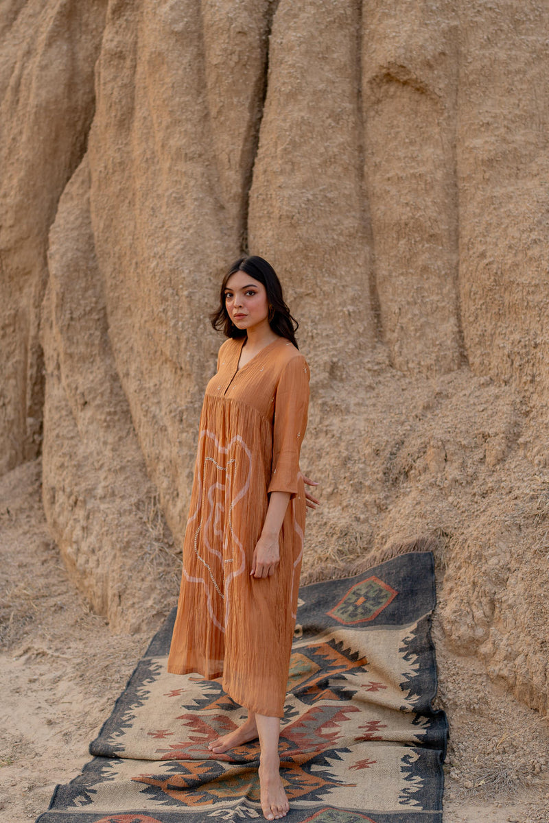 PASTEL ORANGE ARAZI DRESS chanderi by Nirjara in rust color for women Worldwide