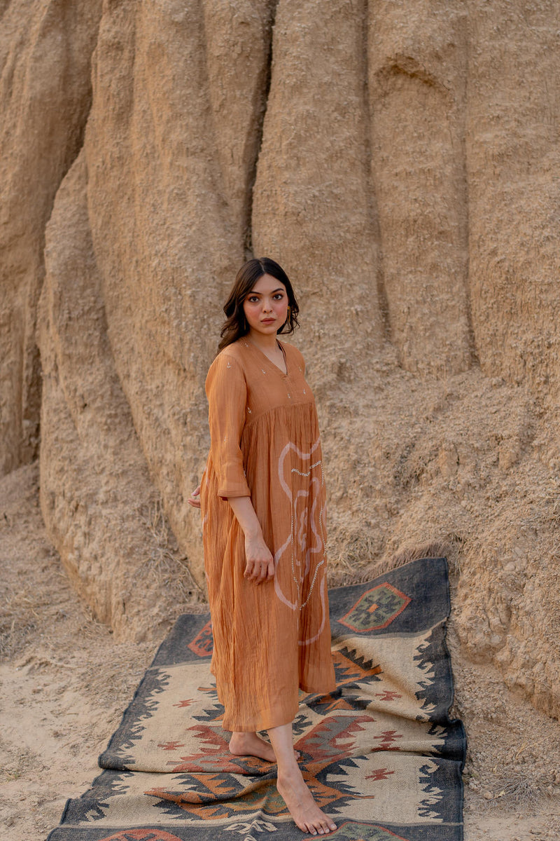 PASTEL ORANGE ARAZI DRESS chanderi by Nirjara in rust color for women Worldwide