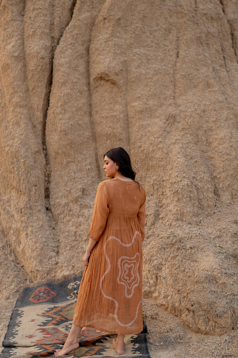 PASTEL ORANGE ARAZI DRESS chanderi by Nirjara in rust color for women Worldwide