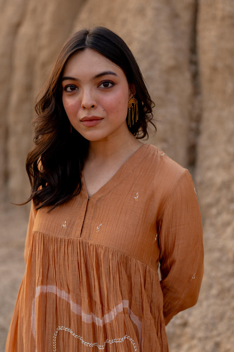 PASTEL ORANGE ARAZI DRESS chanderi by Nirjara in rust color for women Worldwide