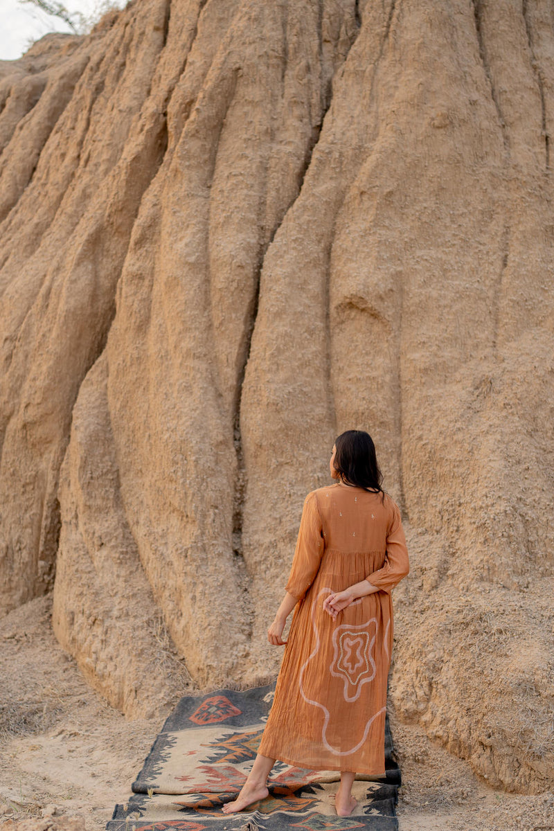 PASTEL ORANGE ARAZI DRESS chanderi by Nirjara in rust color for women Worldwide