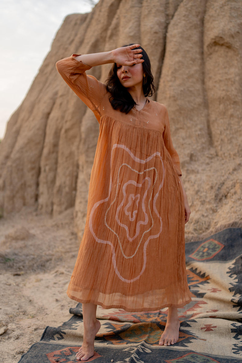 PASTEL ORANGE ARAZI DRESS chanderi by Nirjara in rust color for women Worldwide