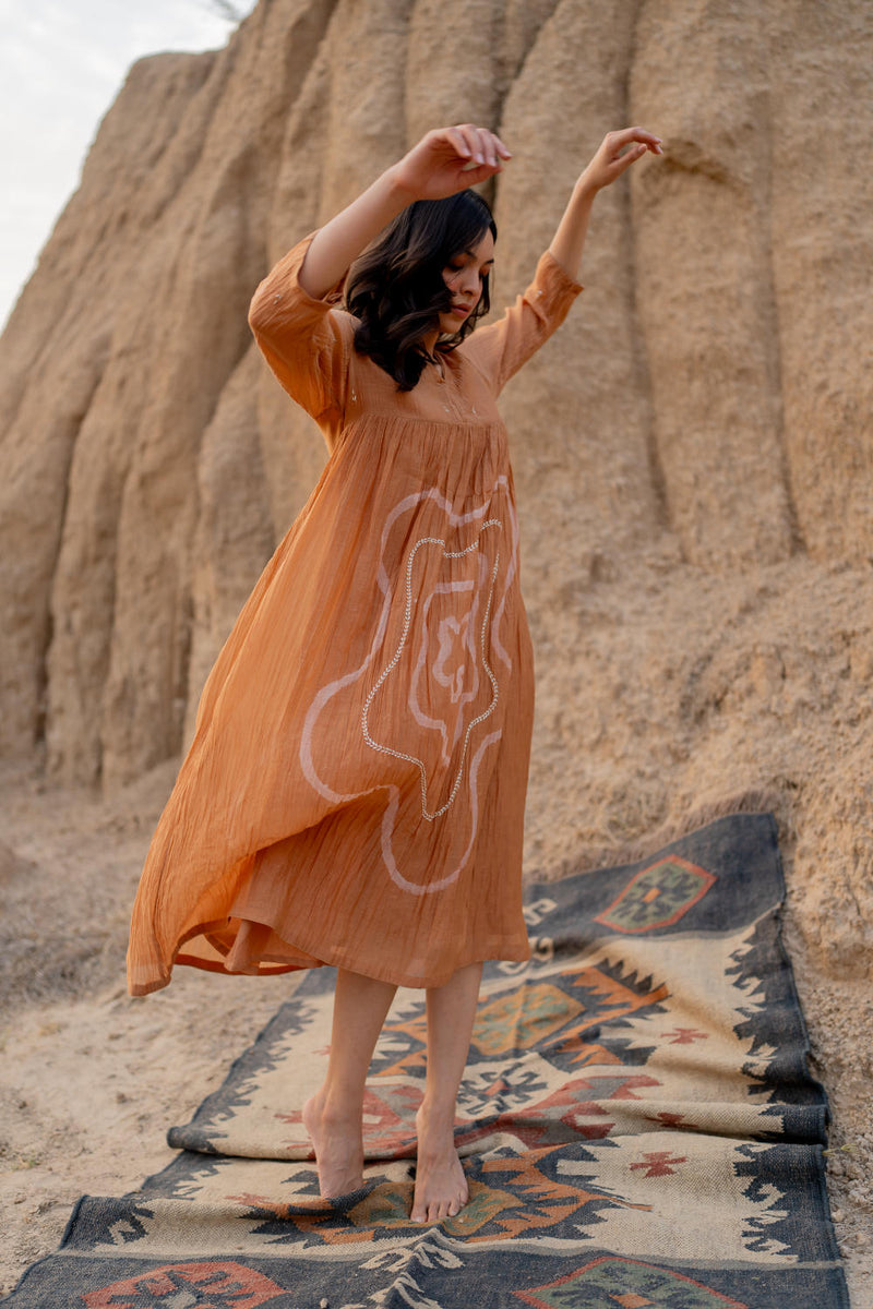 PASTEL ORANGE ARAZI DRESS chanderi by Nirjara in rust color for women Worldwide