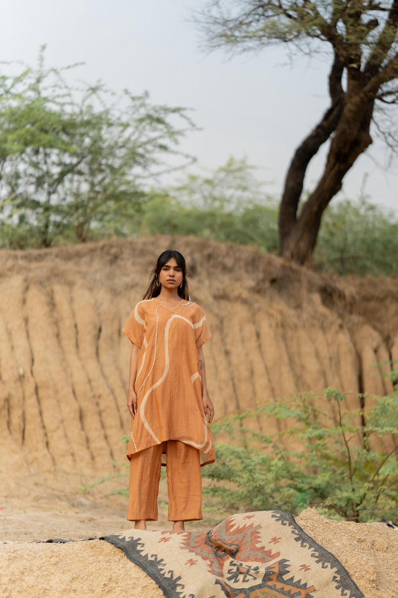 PASTEL ORANGE CAFTAN SET chanderi by Nirjara in rust color for women Worldwide