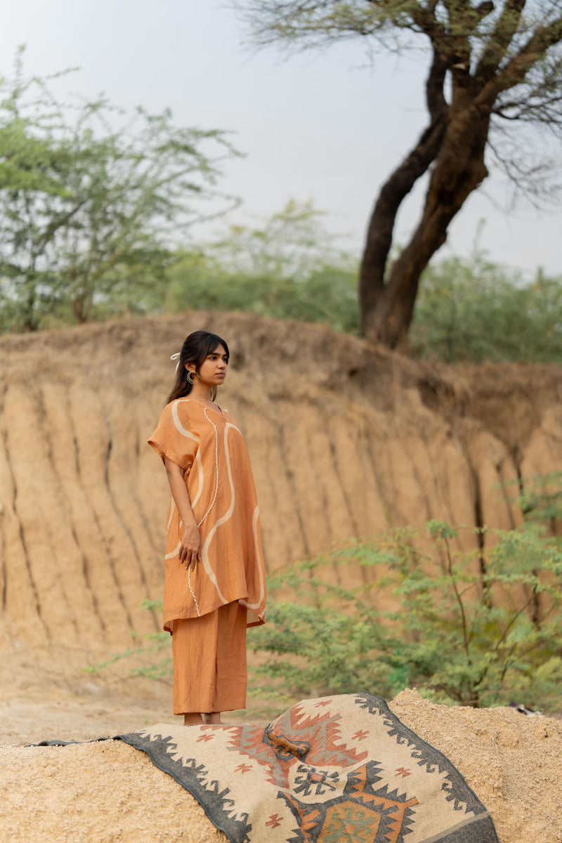 PASTEL ORANGE CAFTAN SET chanderi by Nirjara in rust color for women Worldwide