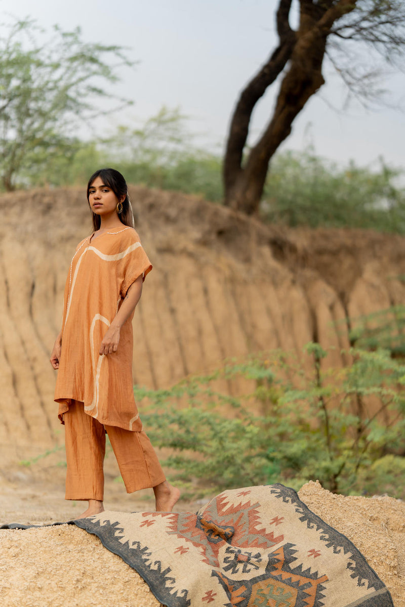PASTEL ORANGE CAFTAN SET chanderi by Nirjara in rust color for women Worldwide