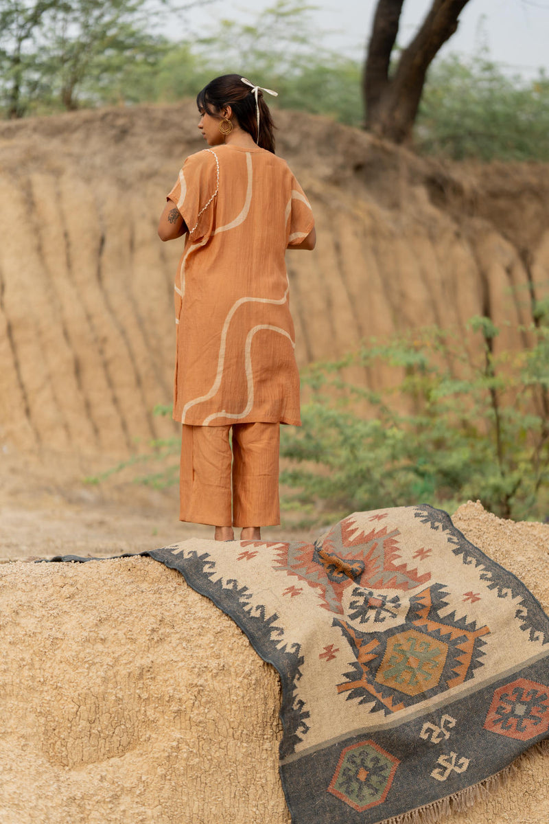 PASTEL ORANGE CAFTAN SET chanderi by Nirjara in rust color for women Worldwide