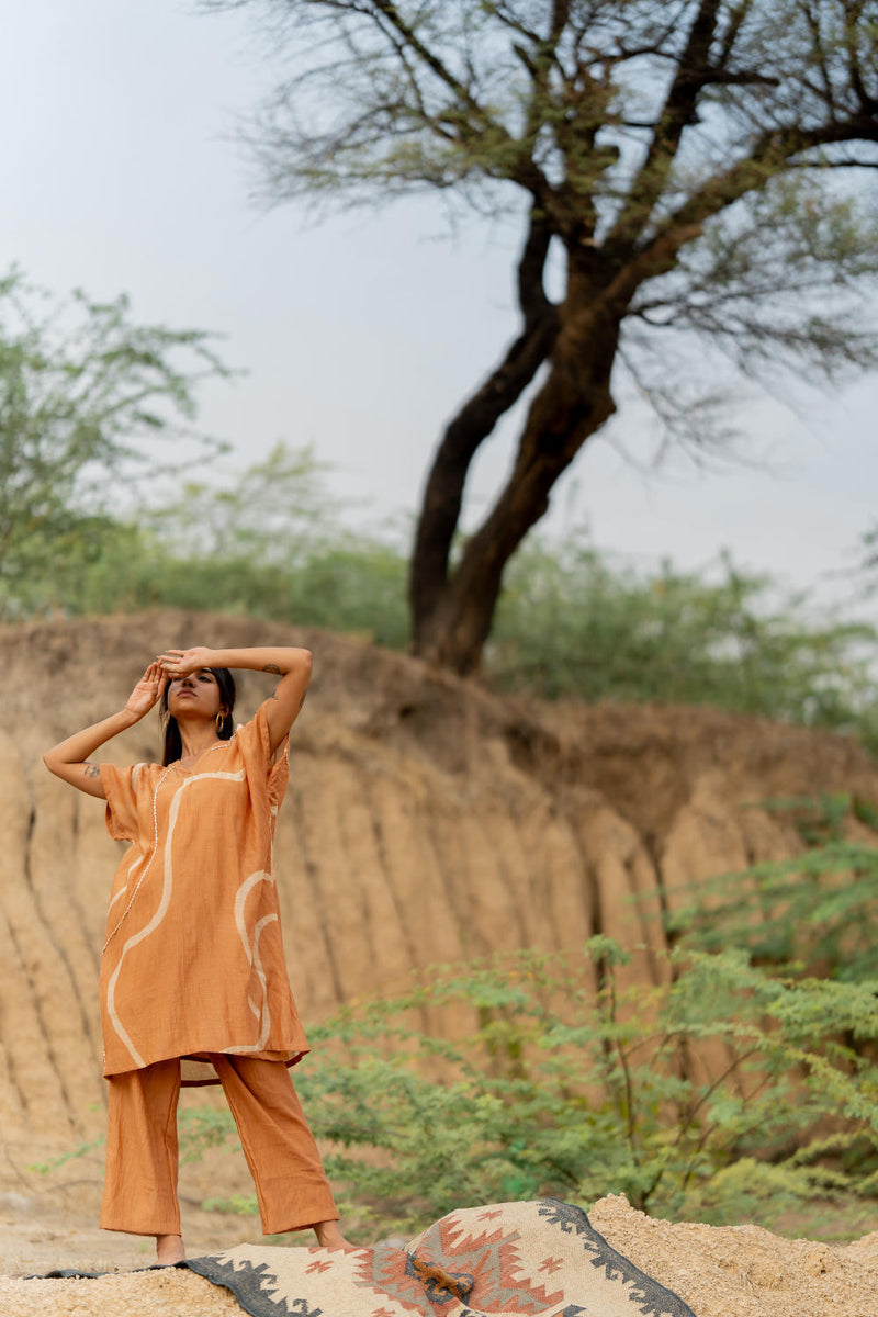 PASTEL ORANGE CAFTAN SET chanderi by Nirjara in rust color for women Worldwide