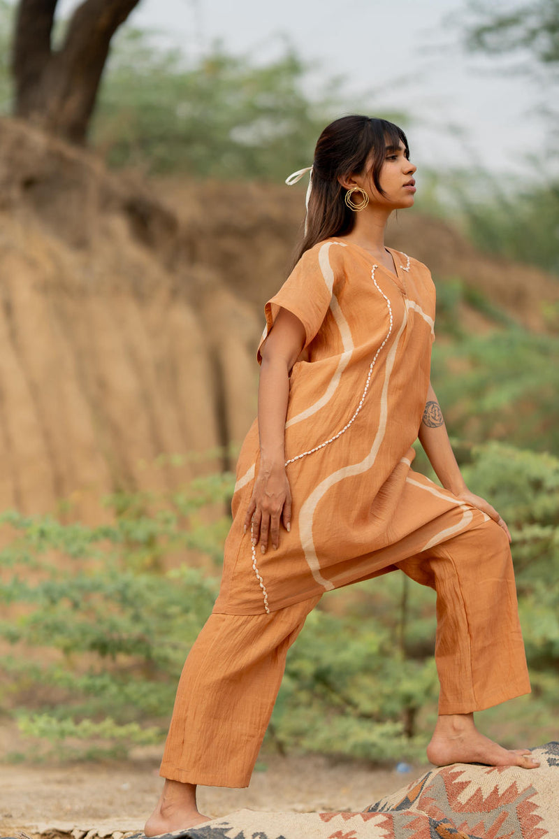 PASTEL ORANGE CAFTAN SET chanderi by Nirjara in rust color for women Worldwide